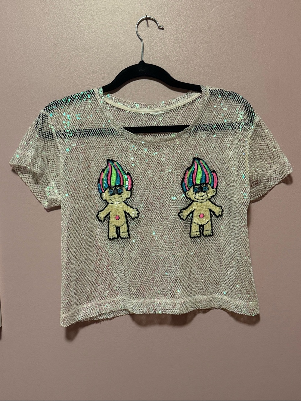 Y2K Baby Pink Sequin Mesh Troll Crop Top